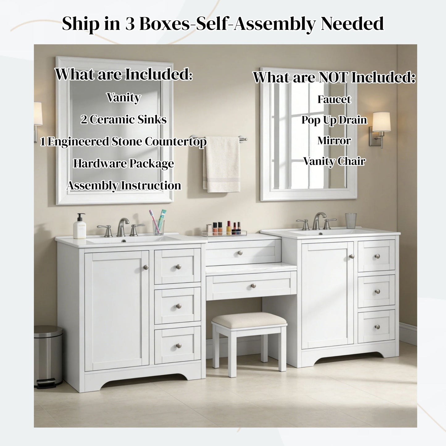 Double Sink Bathroom Vanity With Countertop, 2 Ceramic Sinks, 6 Drawers, Soft Close Design