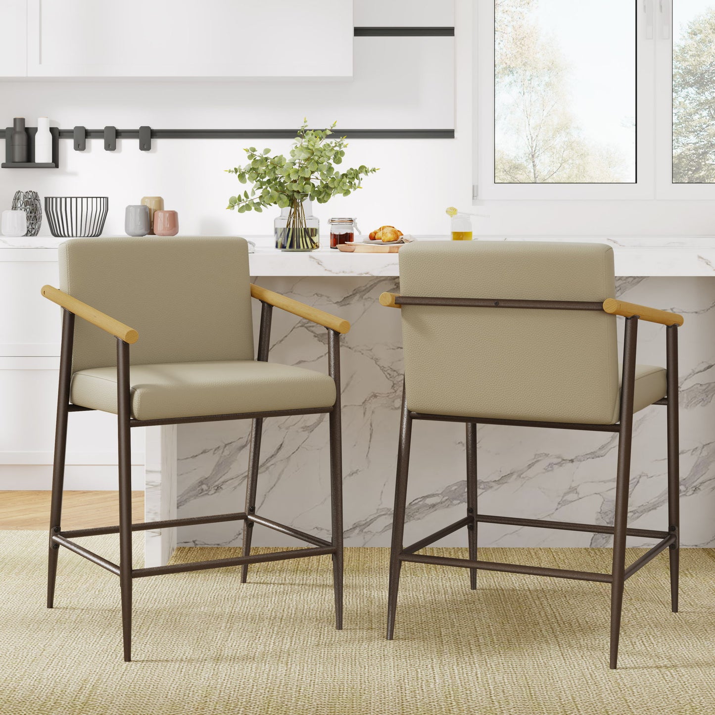 Counter Stool Set With Espresso Metal Frame - Khaki