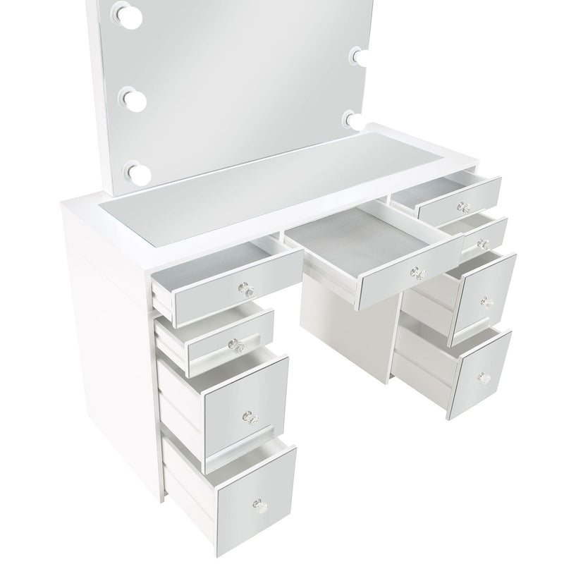 Winona - Makeup Vanity Set With Bulb Lit Mirror And Upholstered Stool - White