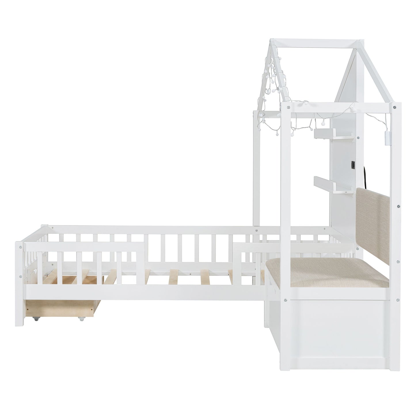 House Bed With Upholstered Sofa, Wireless Charging Station, Shelves And 2 Drawers