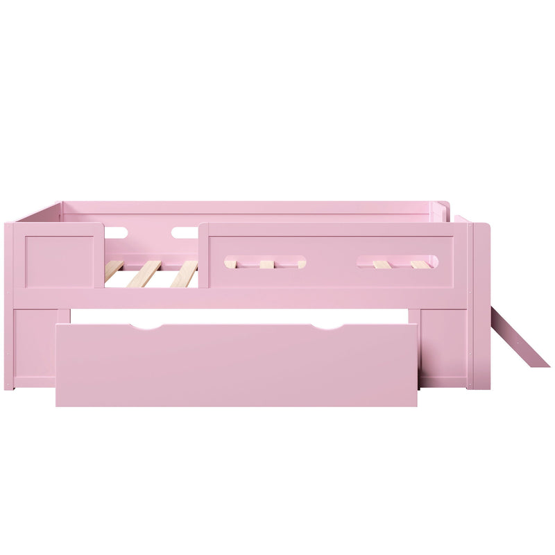 Platform Bed With Guardrail And Drawer