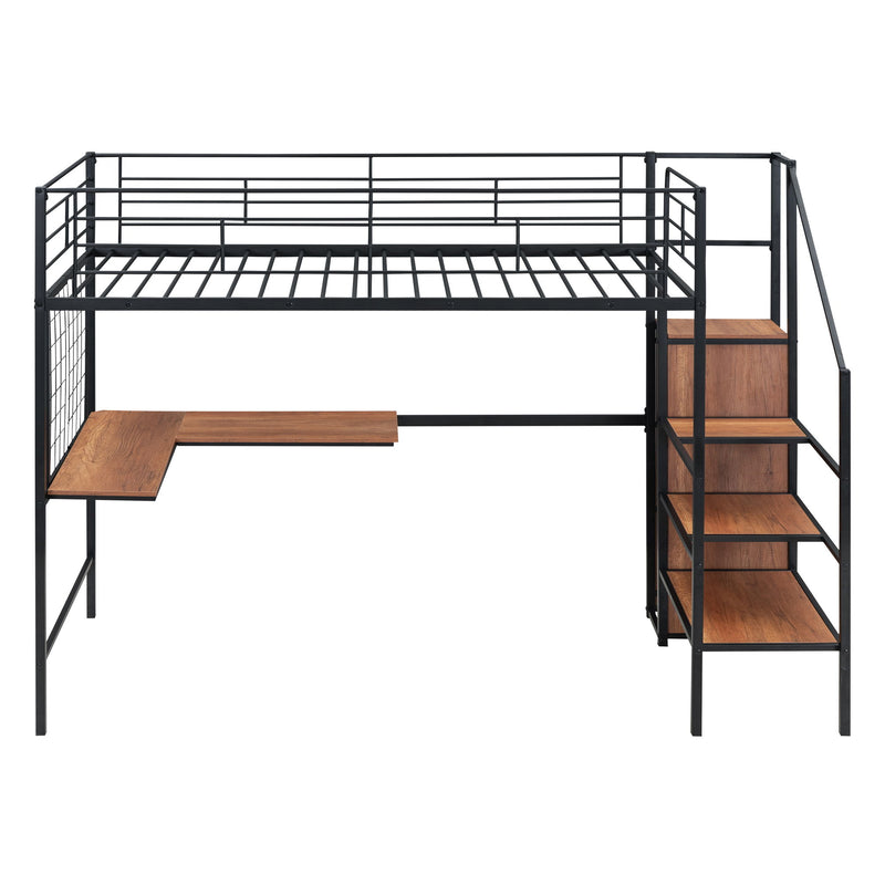Twin Size Loft Bed With Desk And Grid, Storage Ladder And Wardrobe - Black