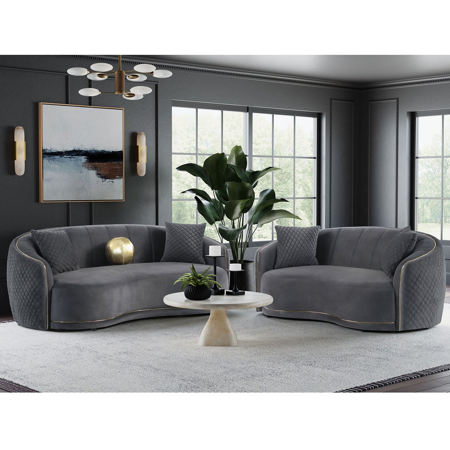 Luxe Upholstered Curved Sofa With Trim And Diamond Quilting - Dark Gray