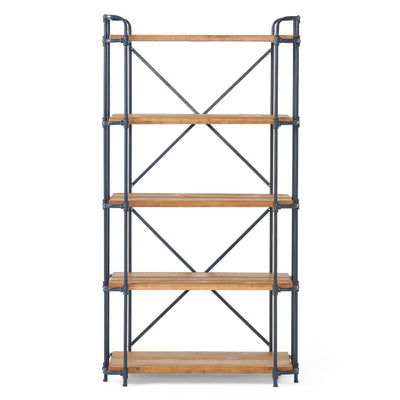 Yorktown - Industrial 5 Shelf Bookcase With Metal Pipework And Solid Fir - Natural