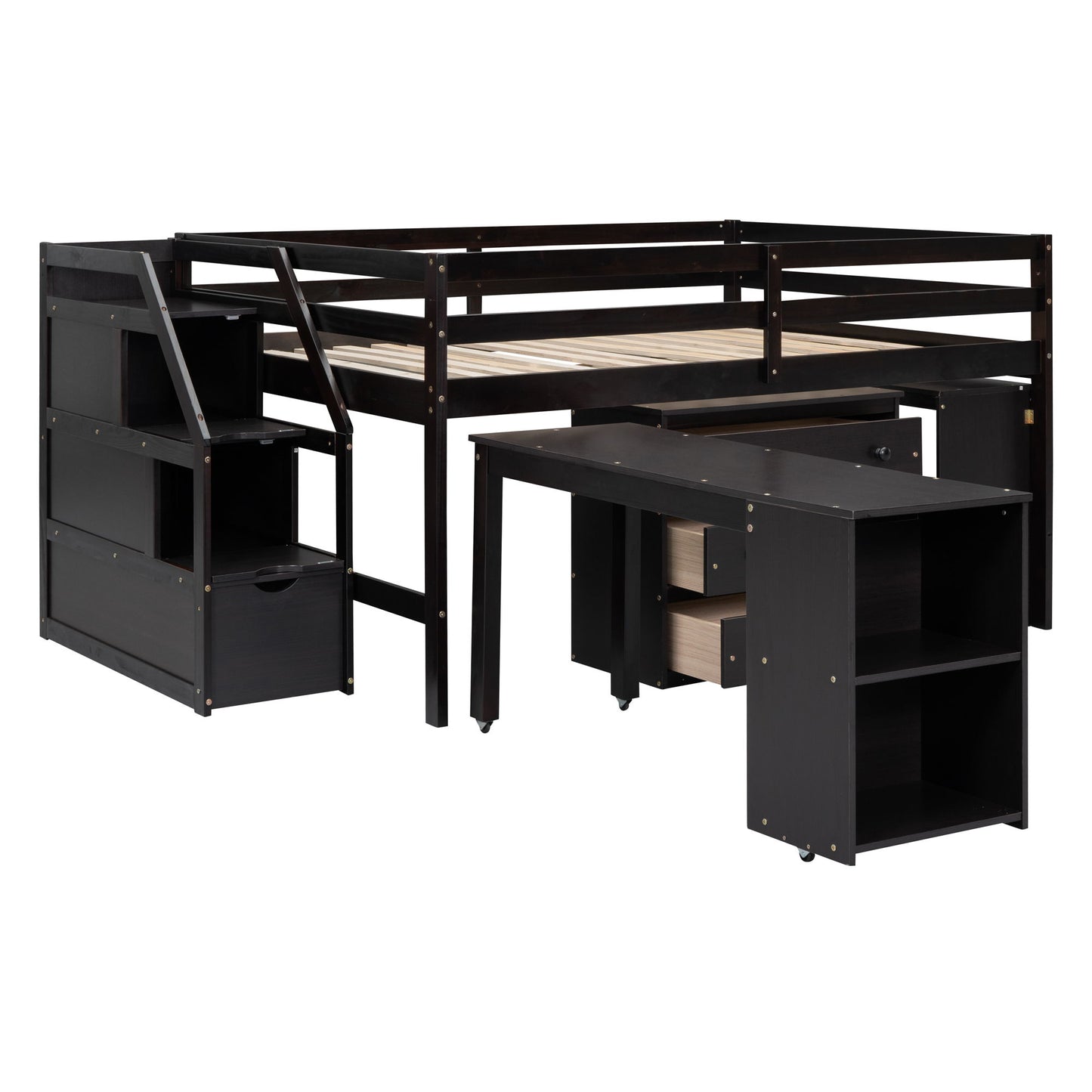 Loft Bed With Retractable Writing Desk And 3 Drawers With Storage Stairs And Shelves