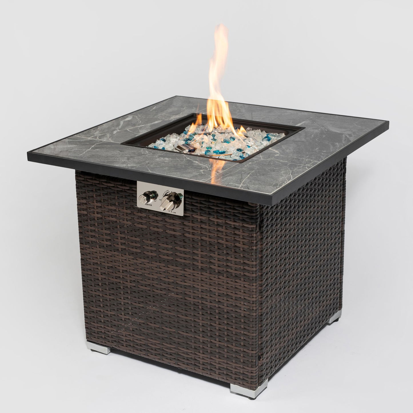 Outdoor Propane Gas Fire Pit Table With Lid With Glass Rocks And Rain Cover - Espresso