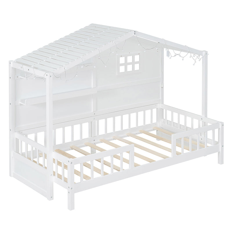 House Bed With Shelves, Window And Sparkling Light Strip On The Roof