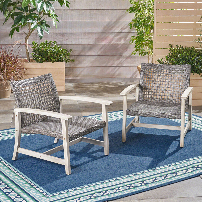 Outdoor Club Chair With Rattan Cover And Acacia Wood Frame - Gray / Black