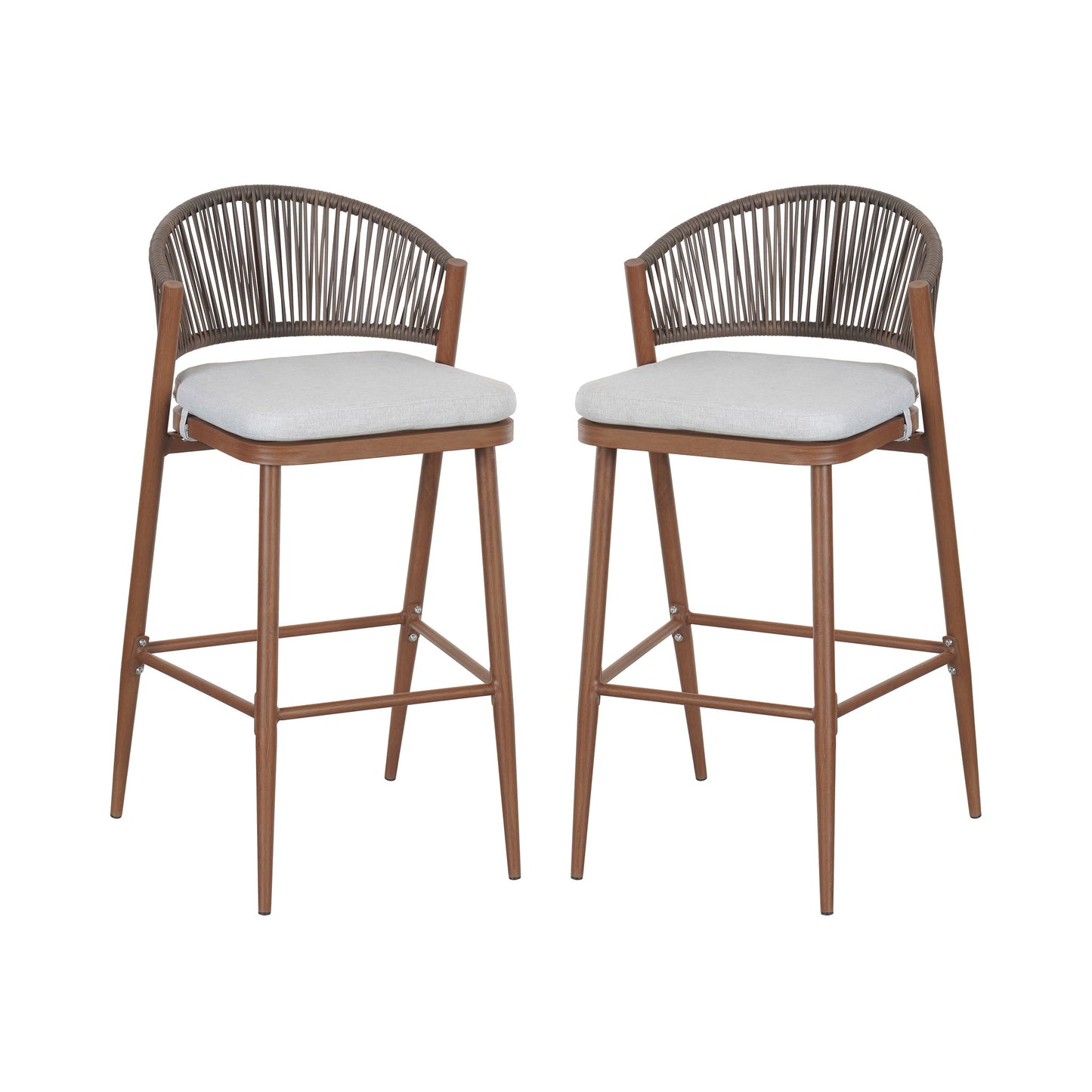 Outdoor Bar Height Metal Frame Counter Stools With Scallop Shaped Backrest & Water Resistant Cushions