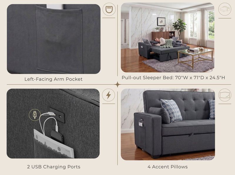 William - Sofá Cama Con 2 Puertos De Carga USB Y 4 Cojines Decorativos - Gris
