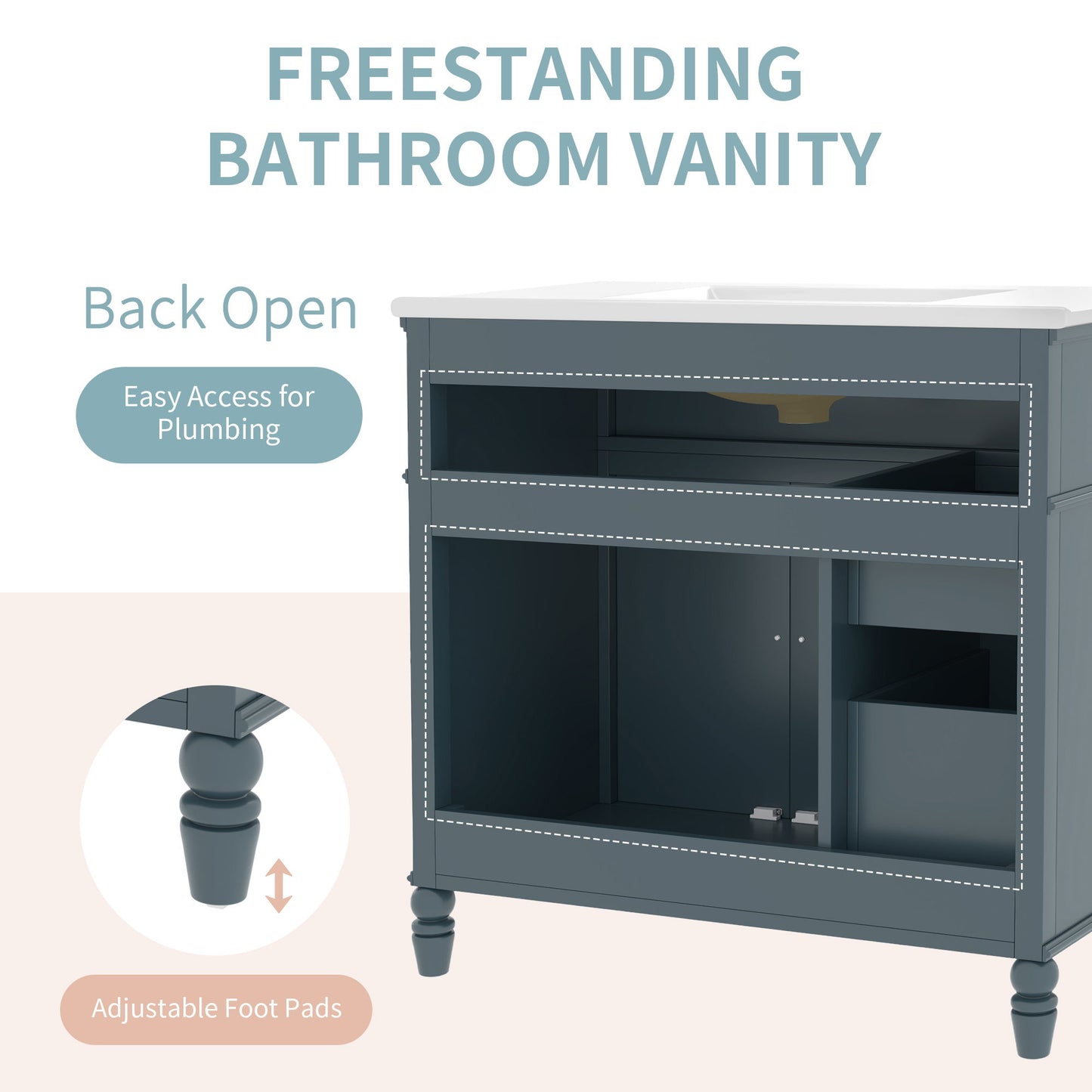 Bathroom Vanity With Sink, 2 Doors 2 Drawers, Freestanding Design