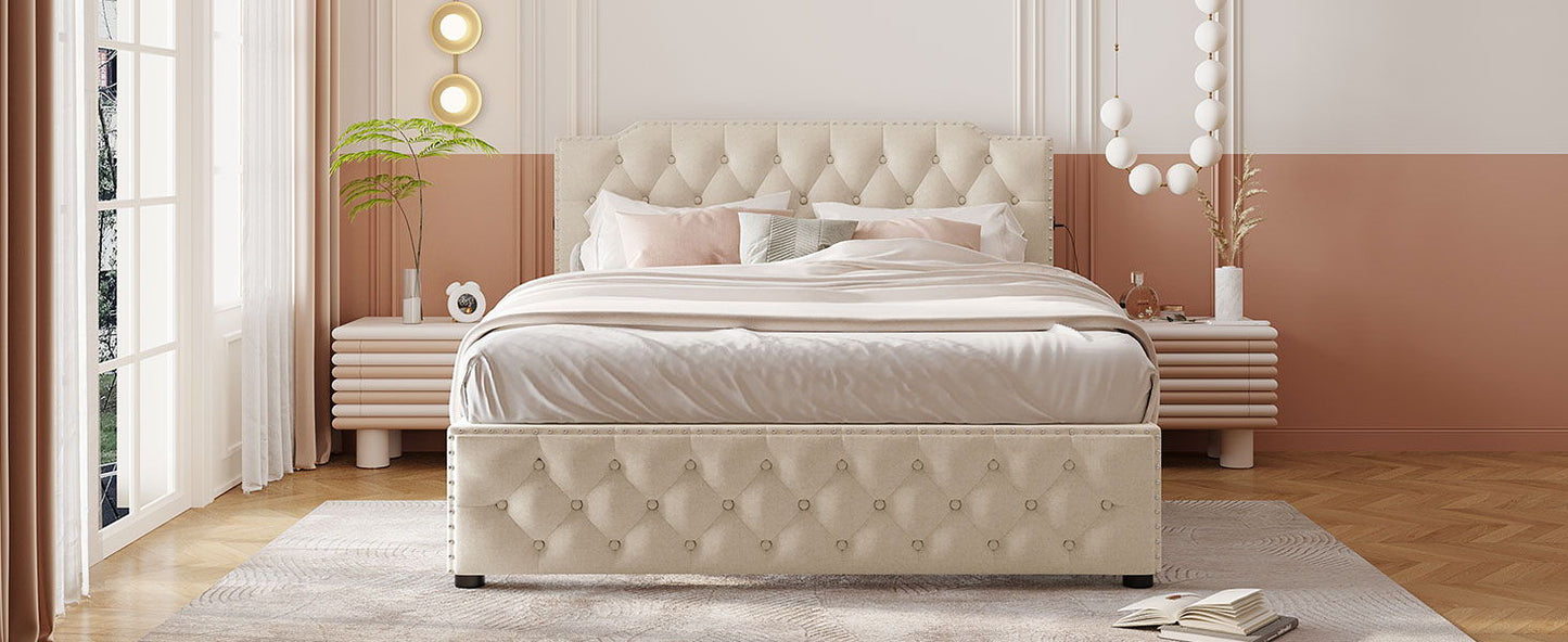 Upholstered Platform Bed With 2 Drawers And 2 Sets Of USB Ports On Each Side, Fabric