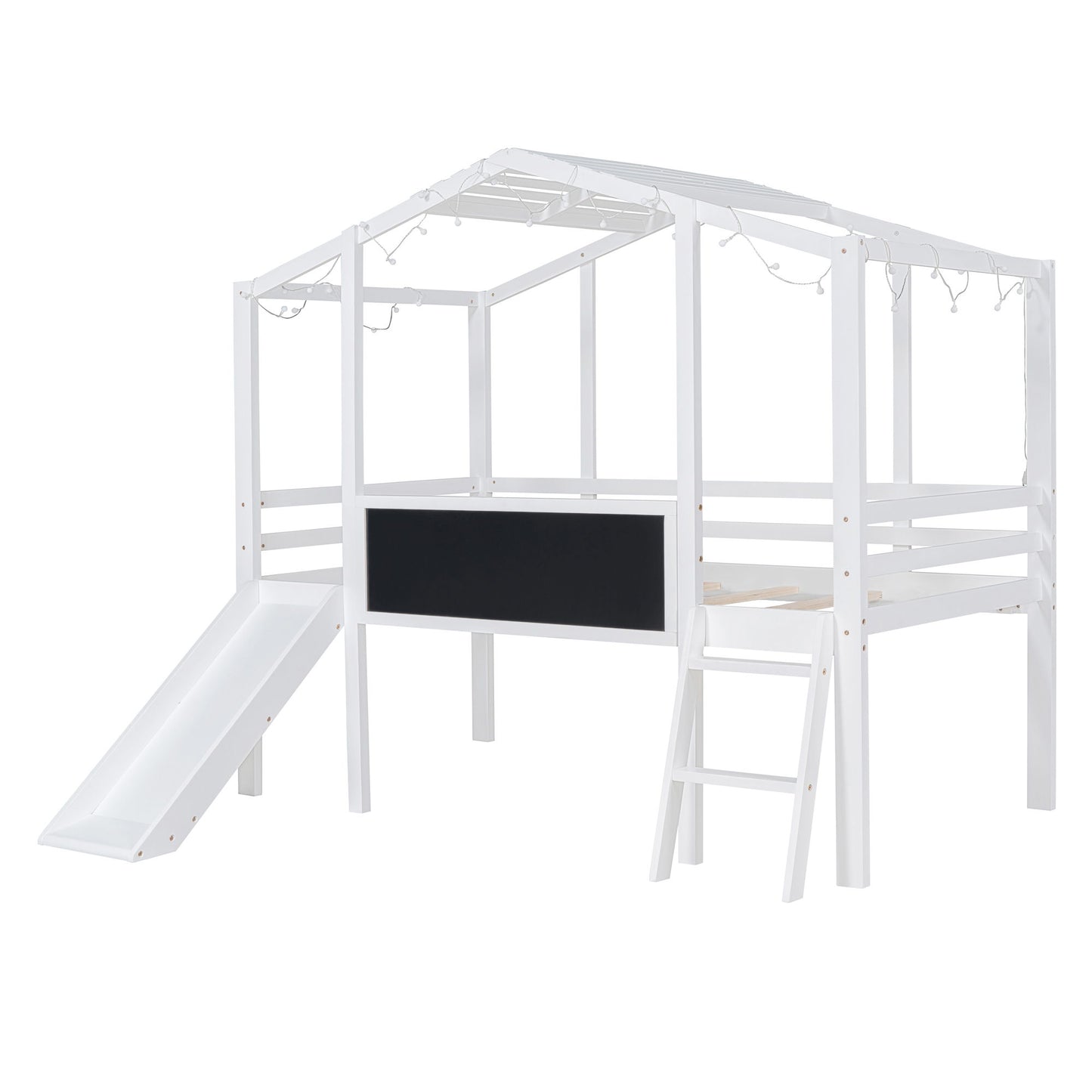Loft House Bed With Ladder And Slide, With board And Light Strip On The Roof