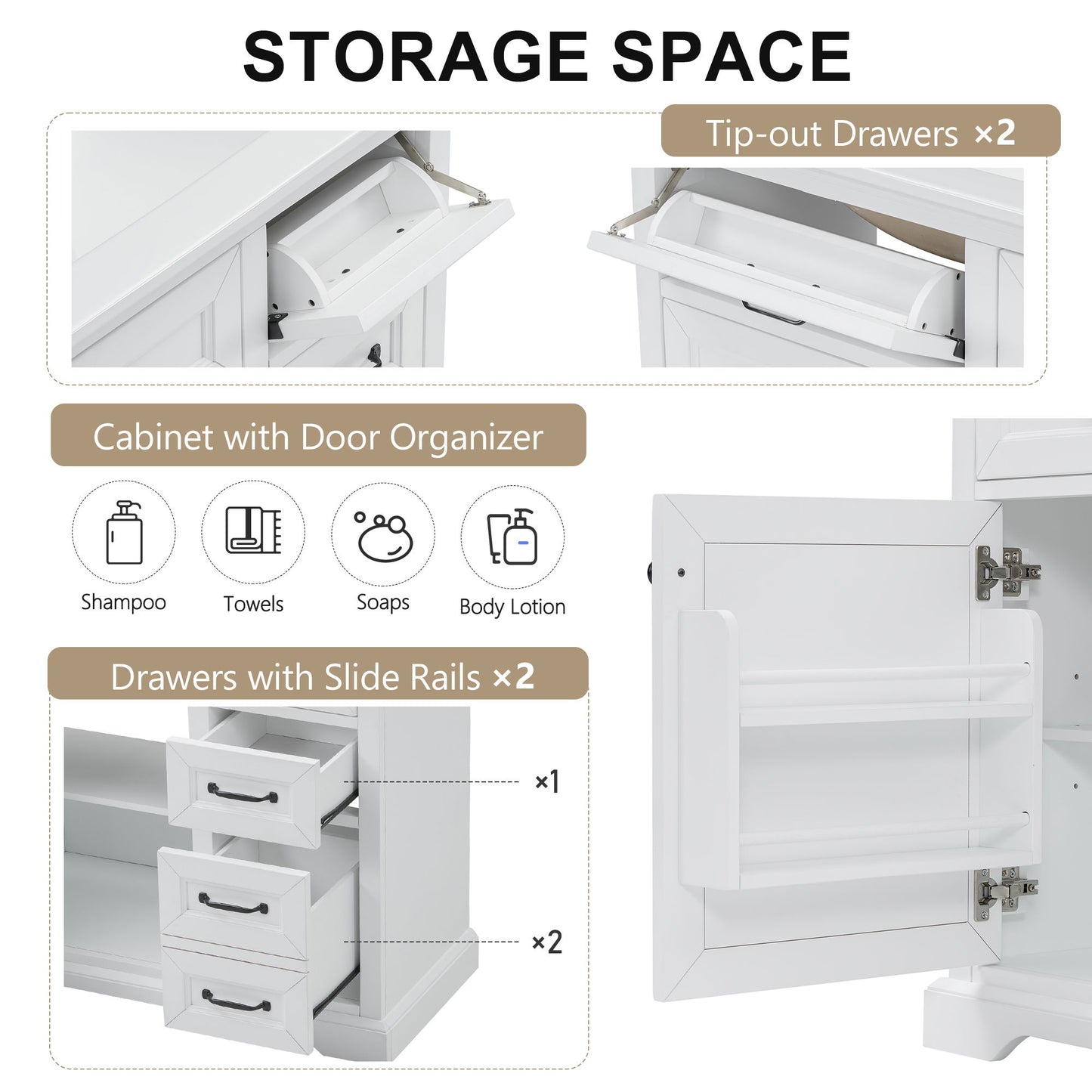 36" Bathroom Vanity With Sink, 2 Tip-Out Drawers, Soft Close Hinges