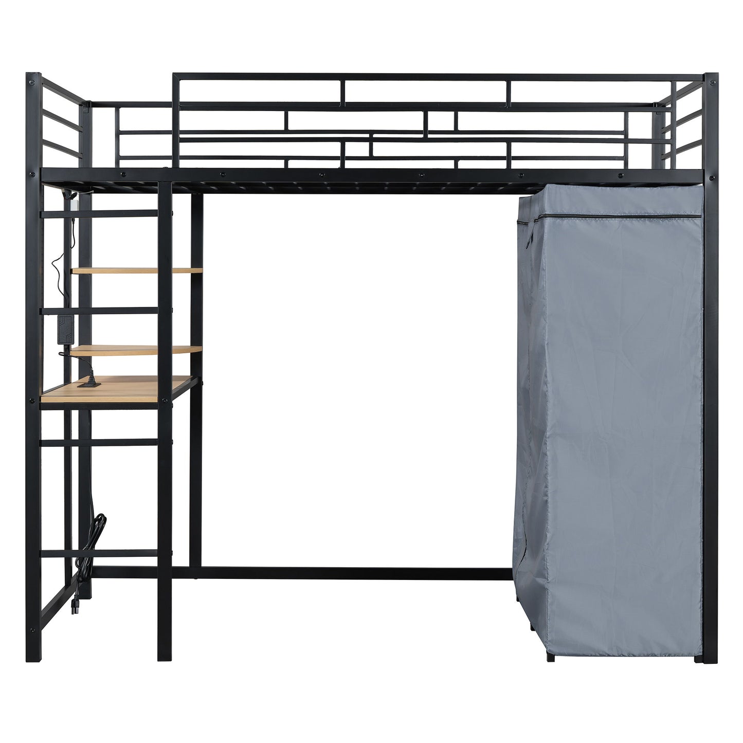 Loft Bed With Desk, Shelves, Power Outlet, LED Light And Wardrobe