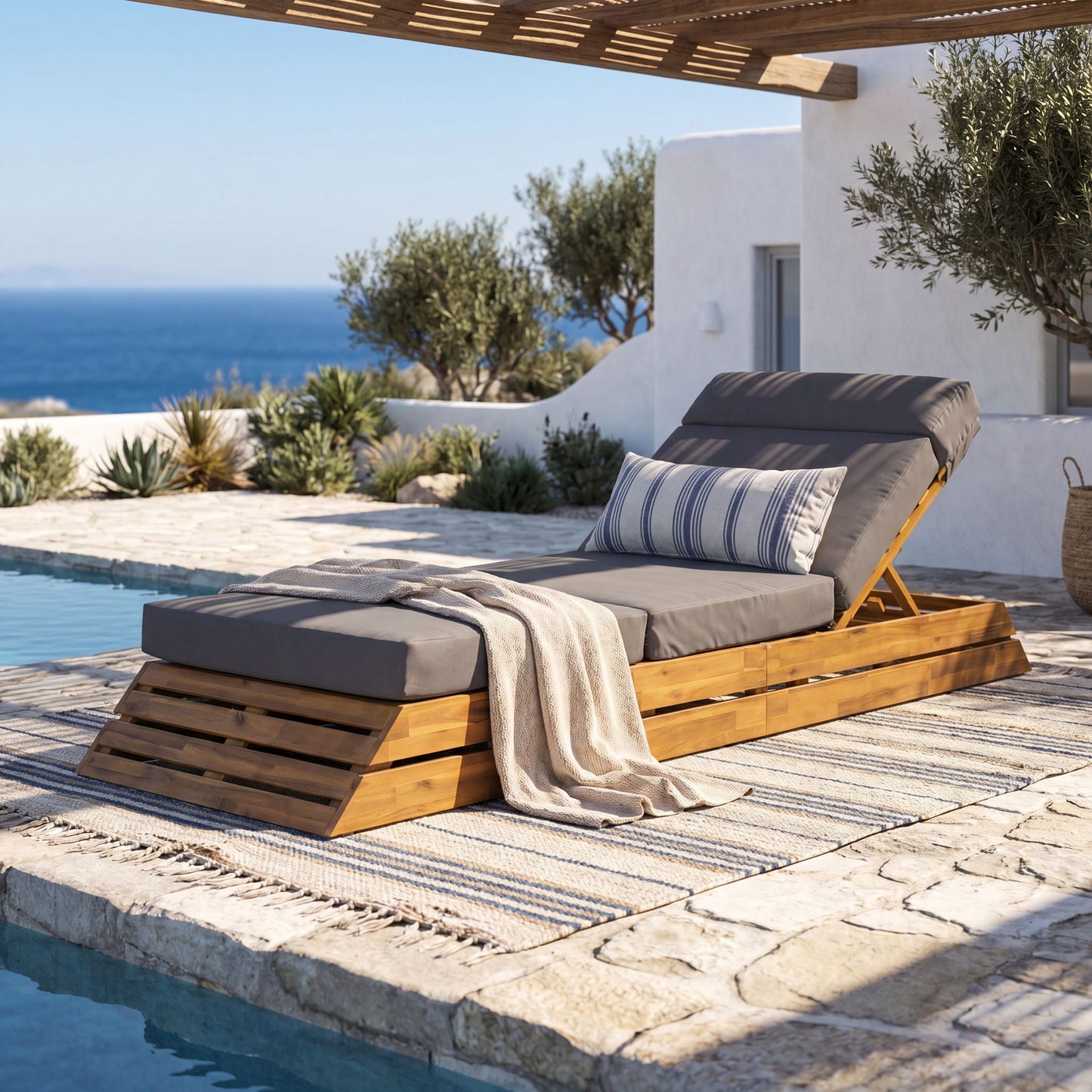 Chaise Lounge Set With 4 Fold Cushion And Built In Headrest