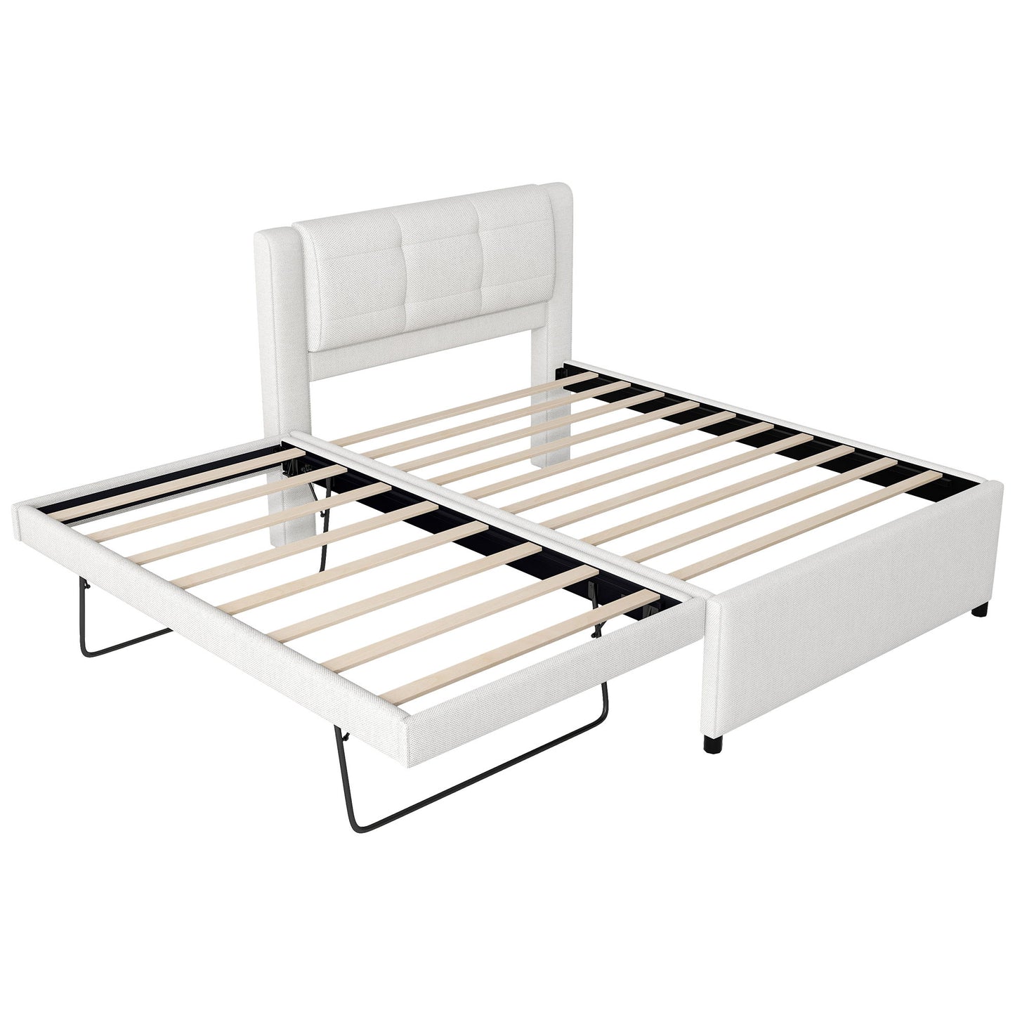 Upholstery Platform Bed With Trundle, Trundle Can Be Flat Or Erected