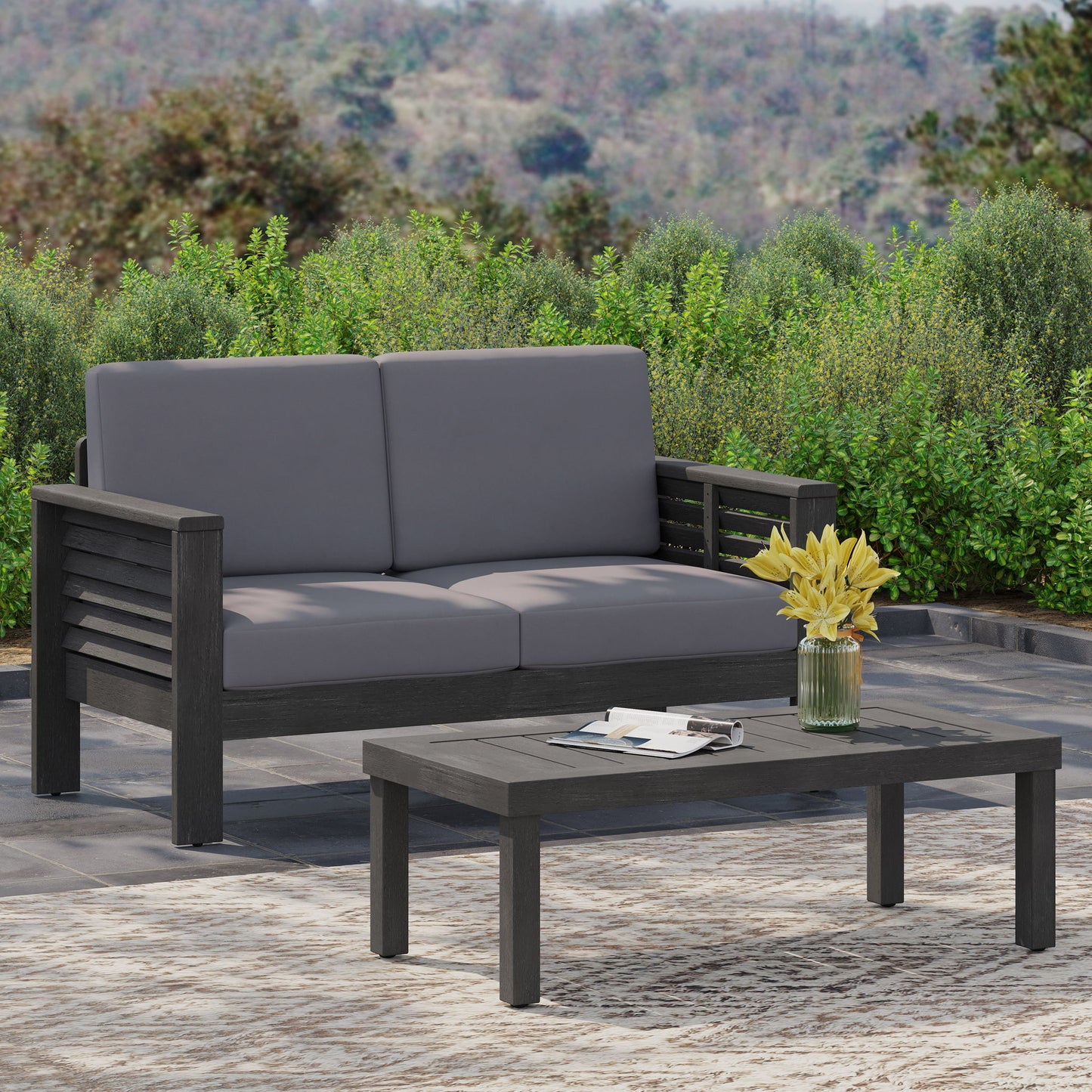 Acacia Wood Loveseat And Coffee Table Set With Cushions