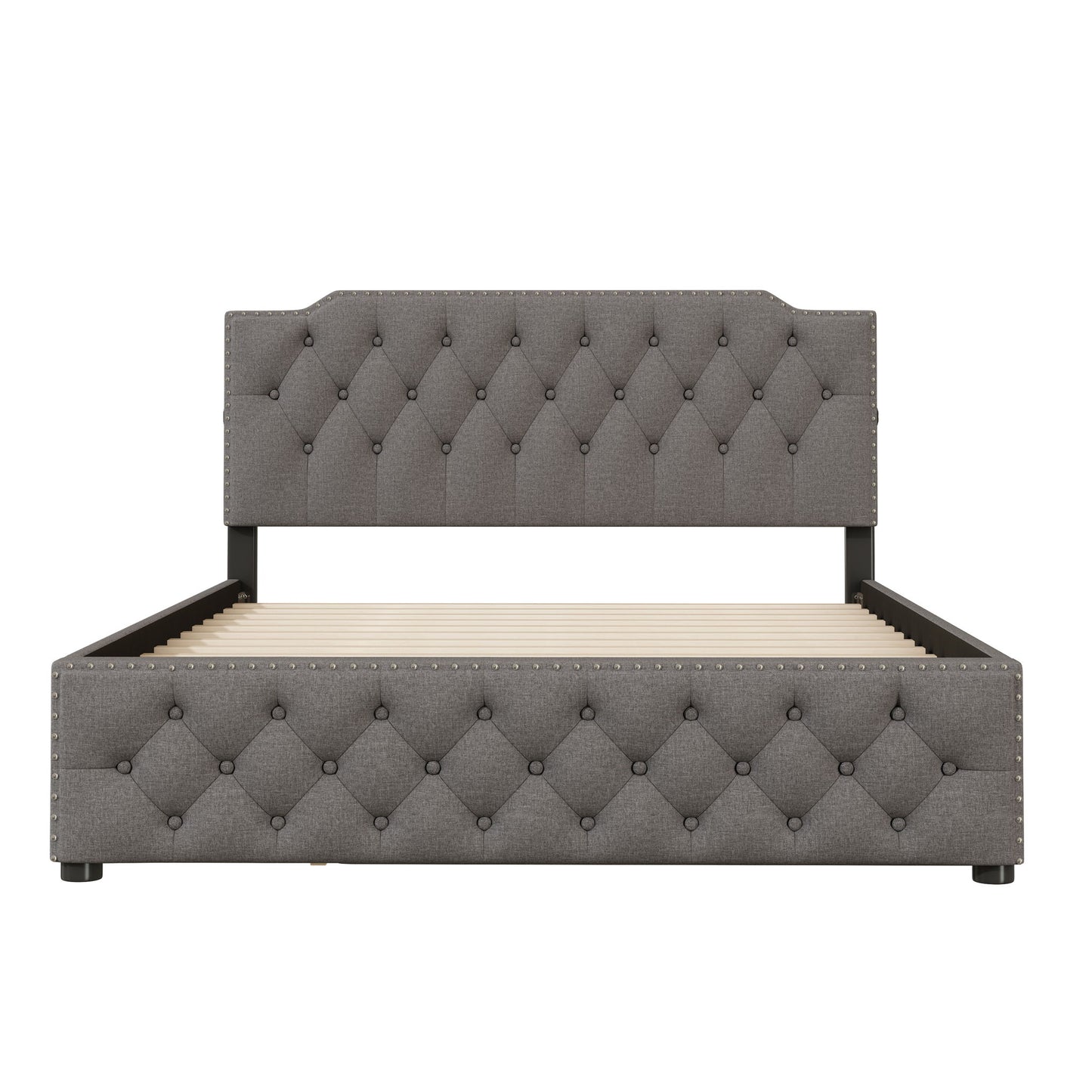 Upholstered Platform Bed With Trundle And 2 Sets Of USB Ports On Each Side, Fabric