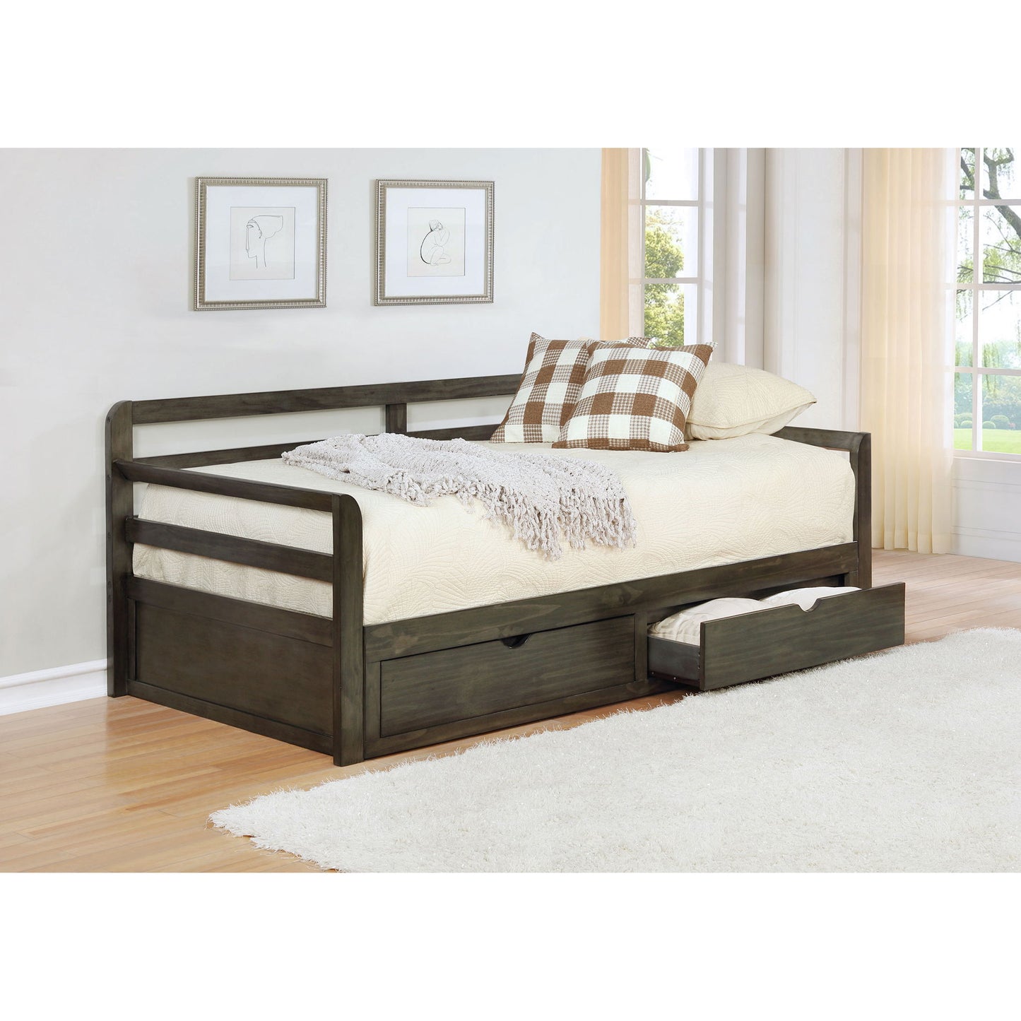 Twin Long 2 Drawer Daybed With Extendable Trundle, Storage Drawers, Fits Standard Mattress - Gray