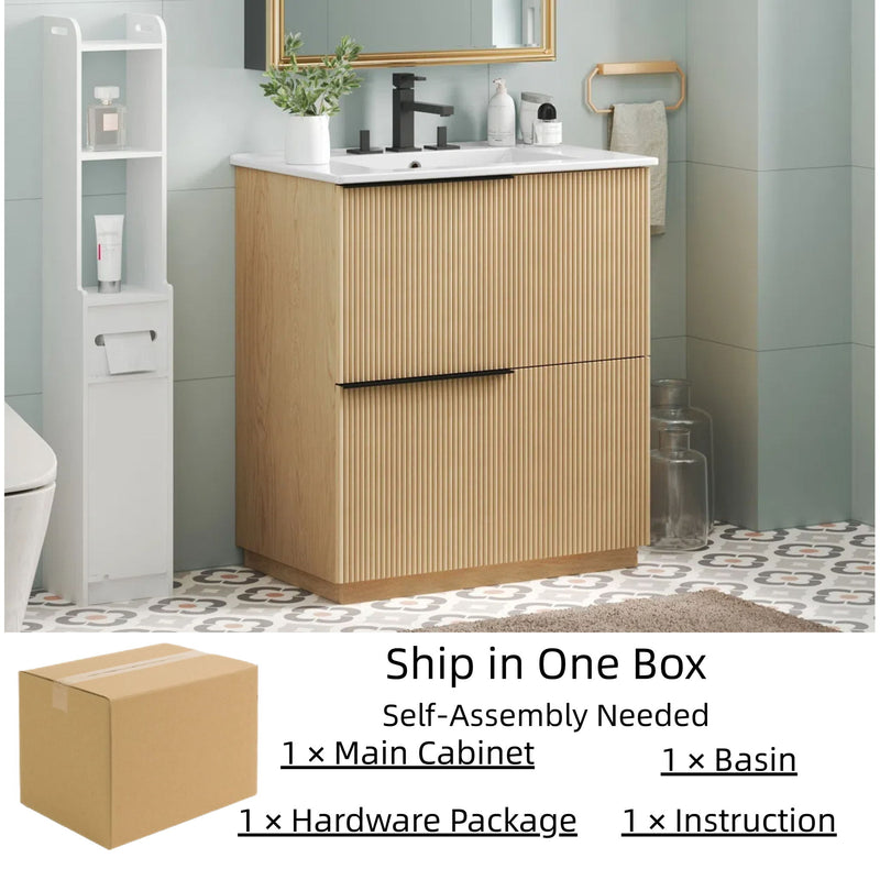 Fluted Bathroom Vanity With Ceramic Sink, Soft Close Slides