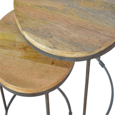 Round Stool Table With Iron Base (Set of 2) - Brown / Black