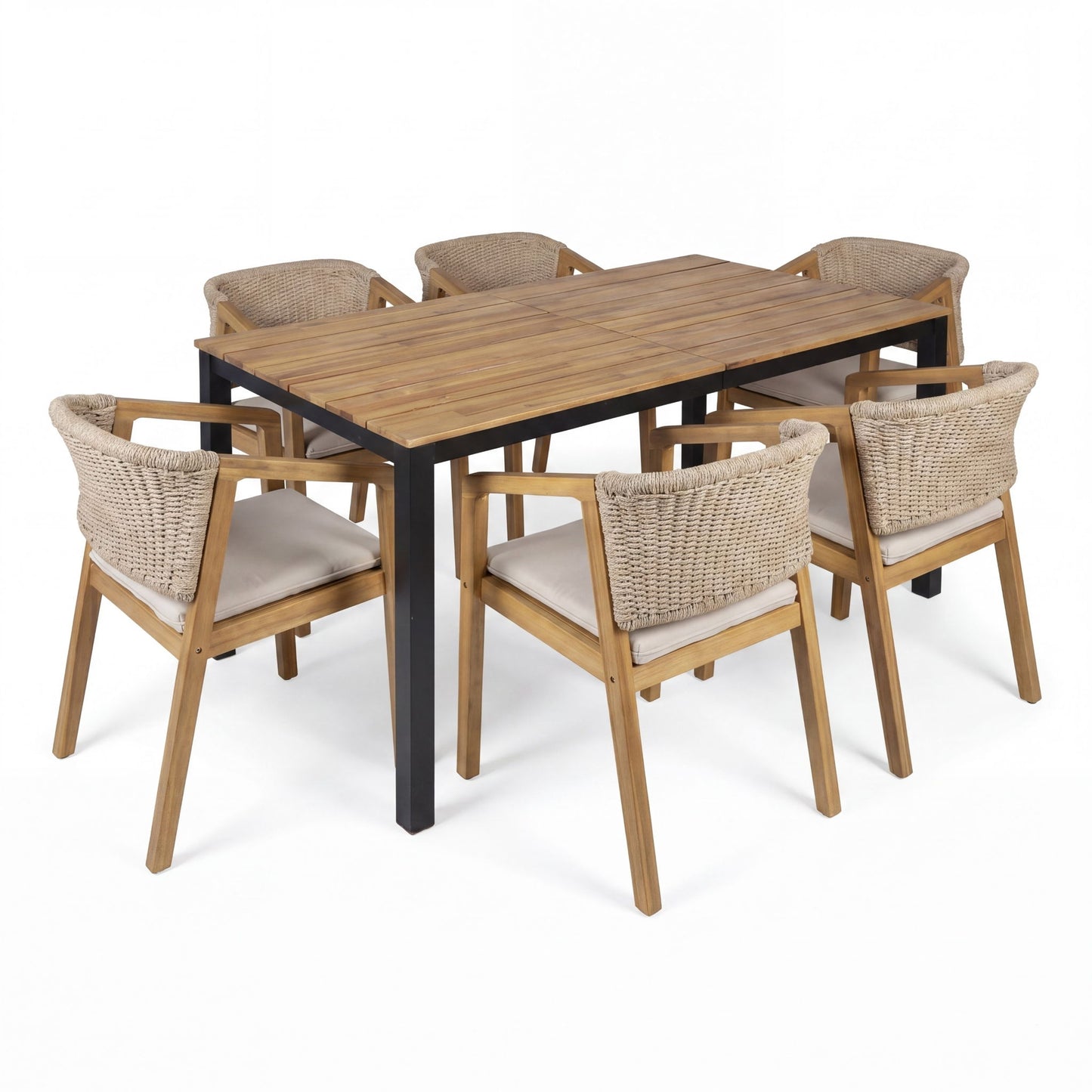 7 Piece Outdoor Dining Set With Table And 6 Chairs - Beige / Brown Mix / Light Teak / Teak