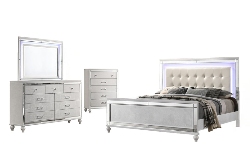 Valentino - Juego de dormitorio de 4 piezas Queen (cama, tocador, espejo, cómoda) - Blanco