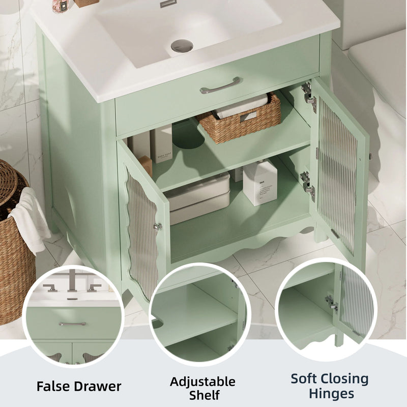 Bathroom Vanity With Glass Doors, Soft Close Hinges - Green