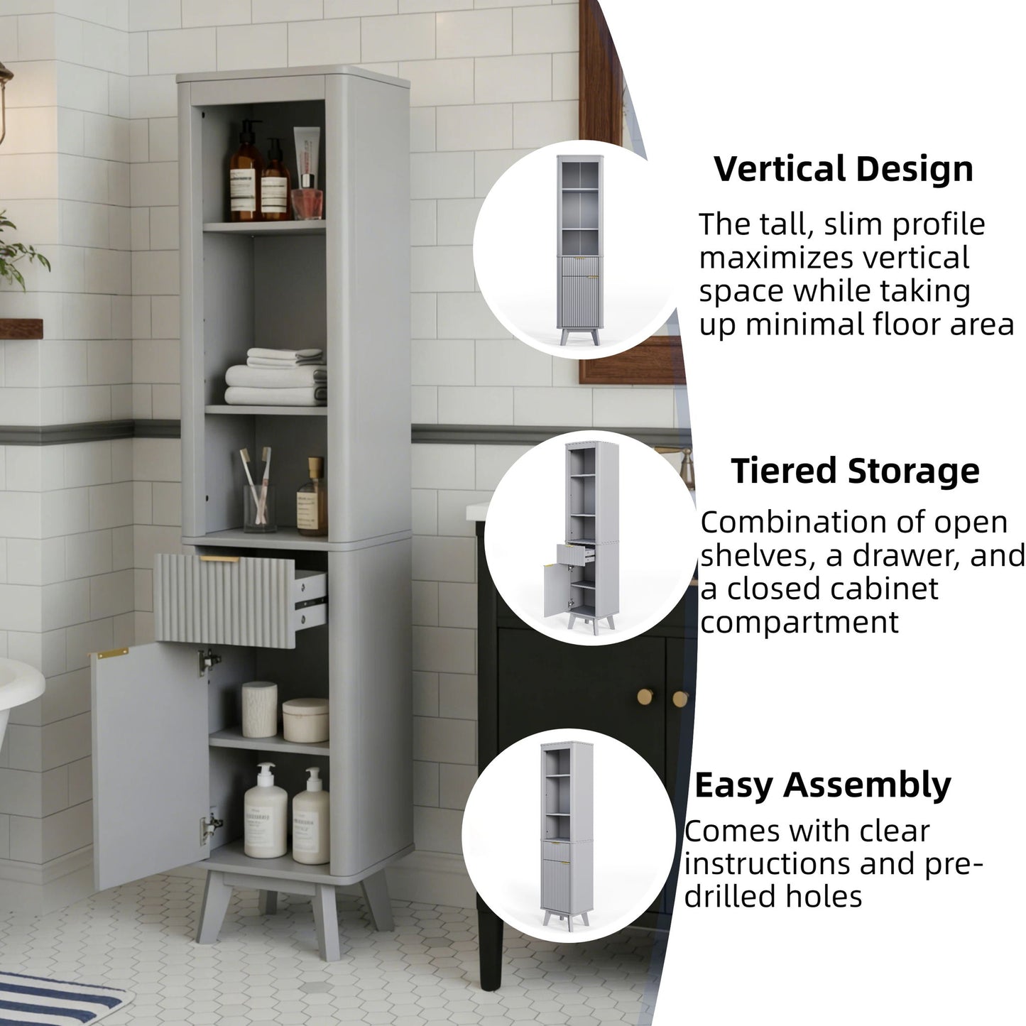 Tall Bathroom Storage Cabinet With Adjustable Shelves And 1 Drawer & Door