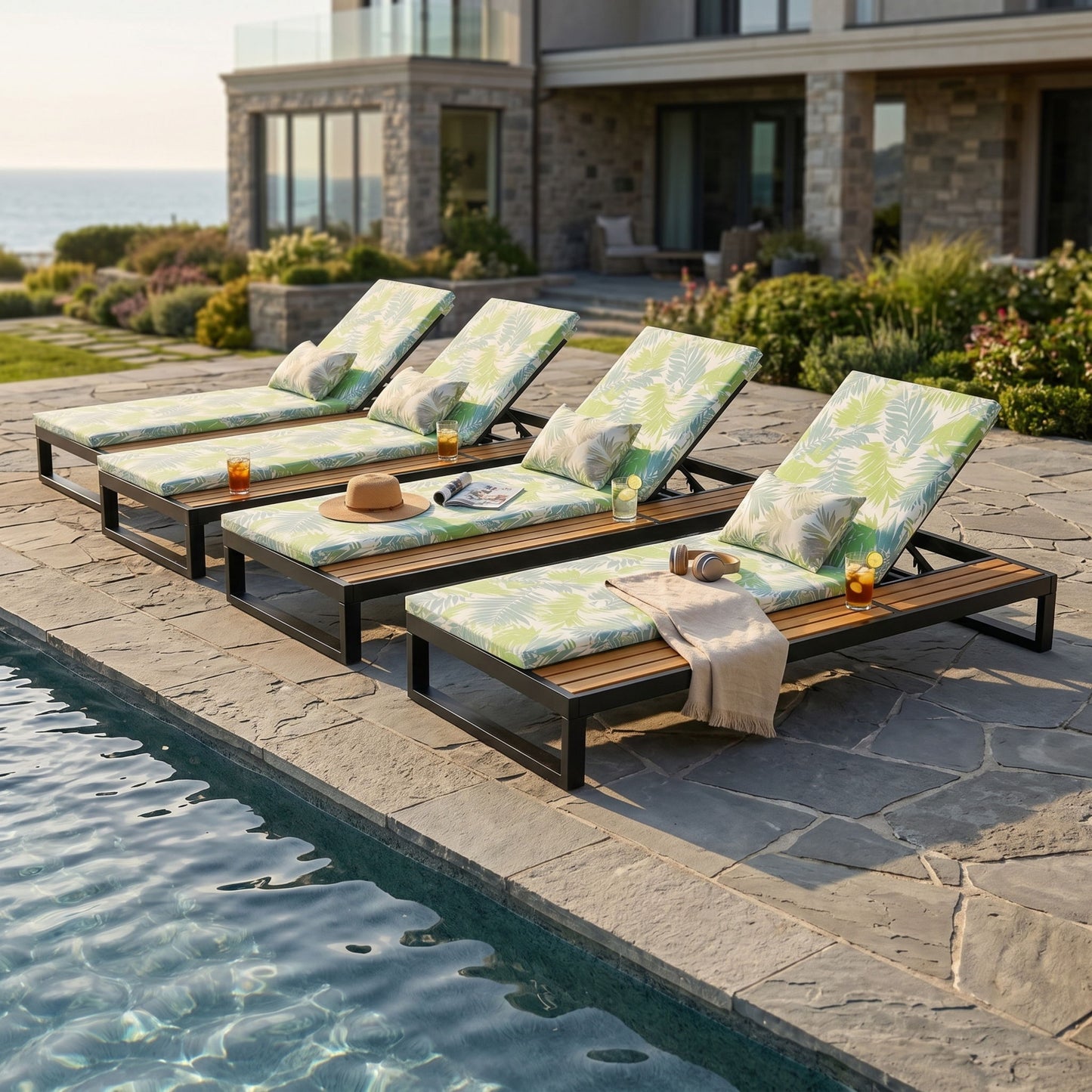 Chaise Lounge Set, 5 Position Adjustable, Flat Side Surface Storage