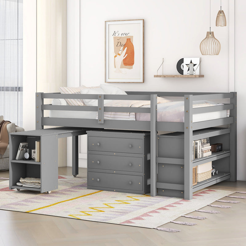 Loft Low Study Bed With Cabinet, Shelves And Rolling Portable Desk, Multiple Functions