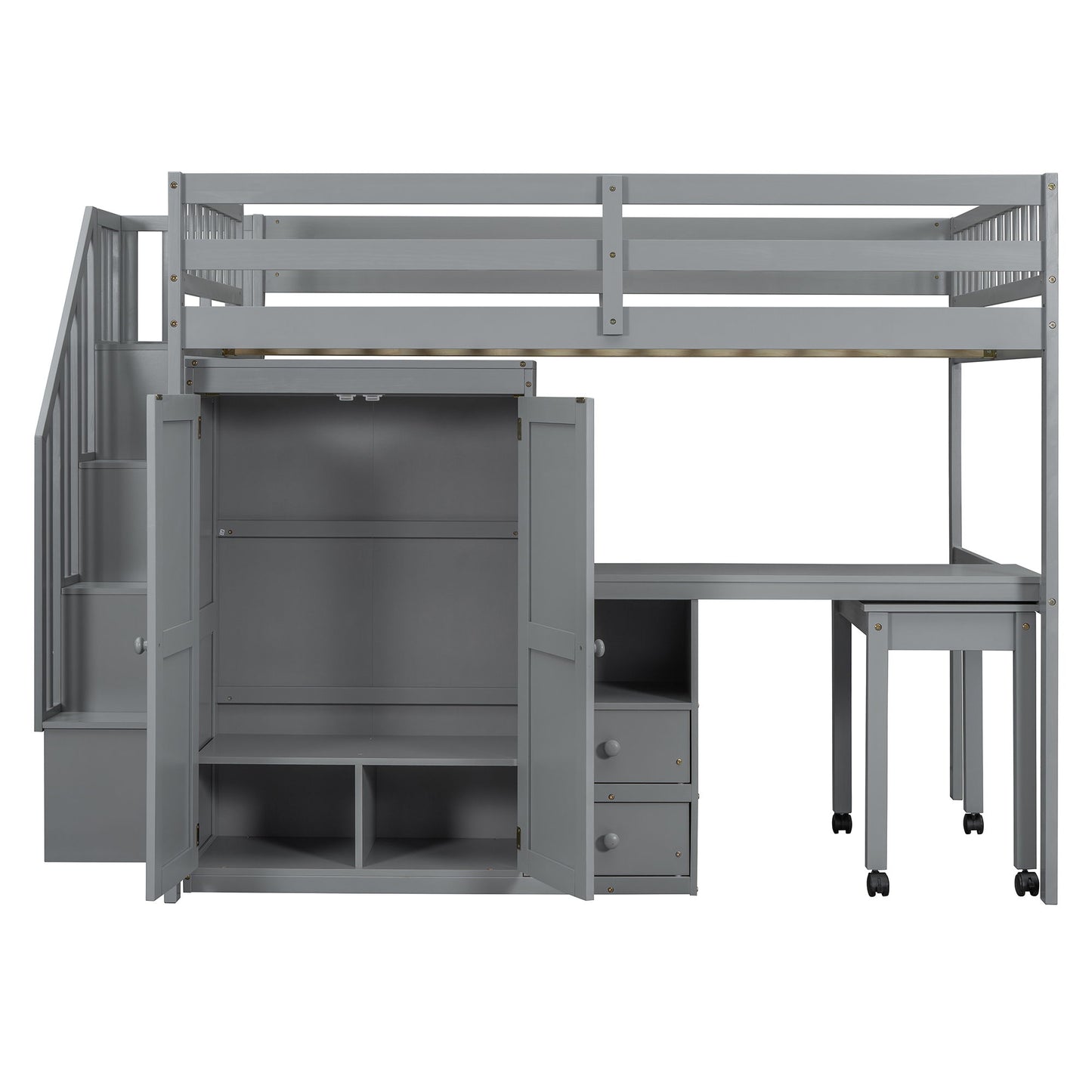 Loft Bed With Stairs, Bookshelf, Drawers, Desk & Wardrobe, Space Saving Multifunctional Furniture