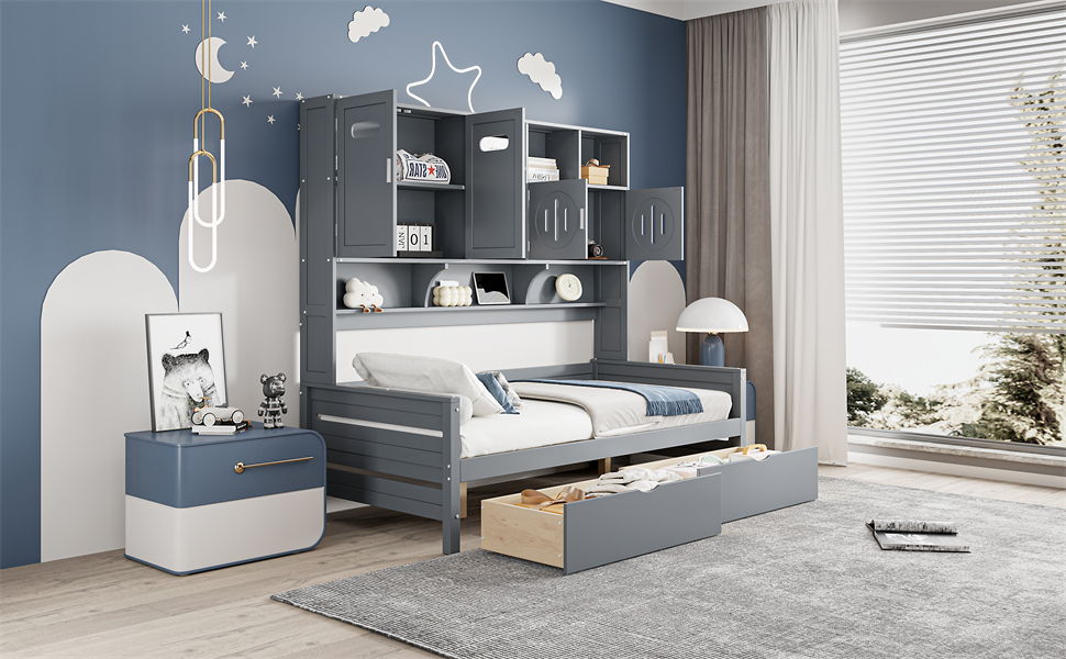 Daybed With All-In-One Cabinet And Shelf