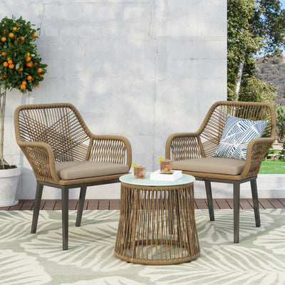 Conversation Set With Tempered Glass Table Top - Light Brown