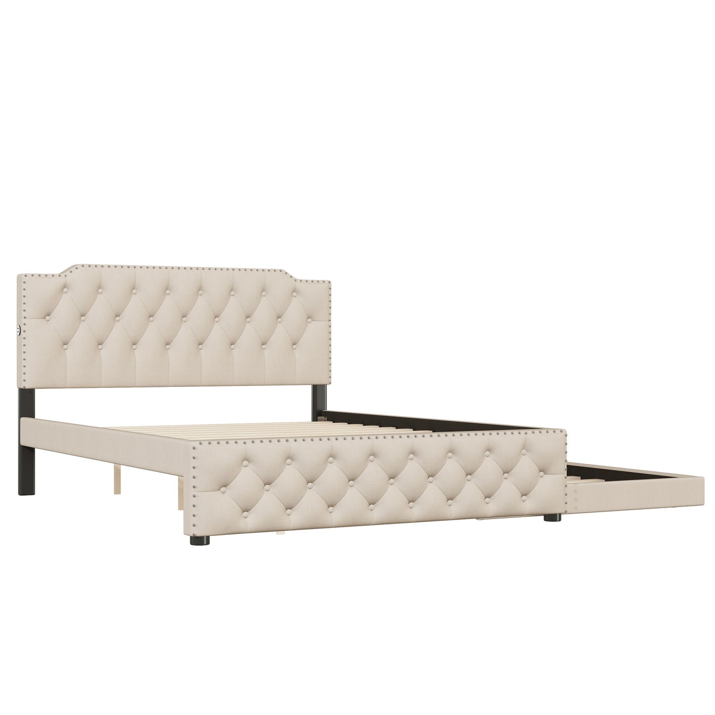 Upholstered Platform Bed With Trundle And 2 Sets Of USB Ports On Each Side, Fabric