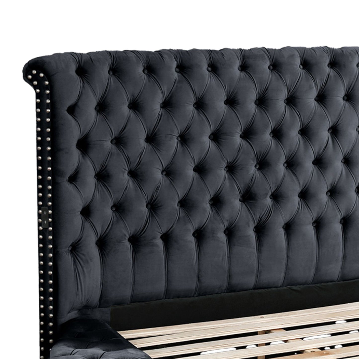 Hazel - Queen Size Tufted Storage Bed & Bluetooth Speakers, USB Port - Black
