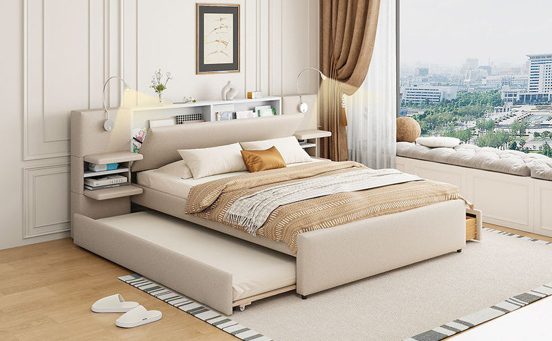 Upholstered Platform Bed With Reading Lights, Drawers, Trundle And Shelves