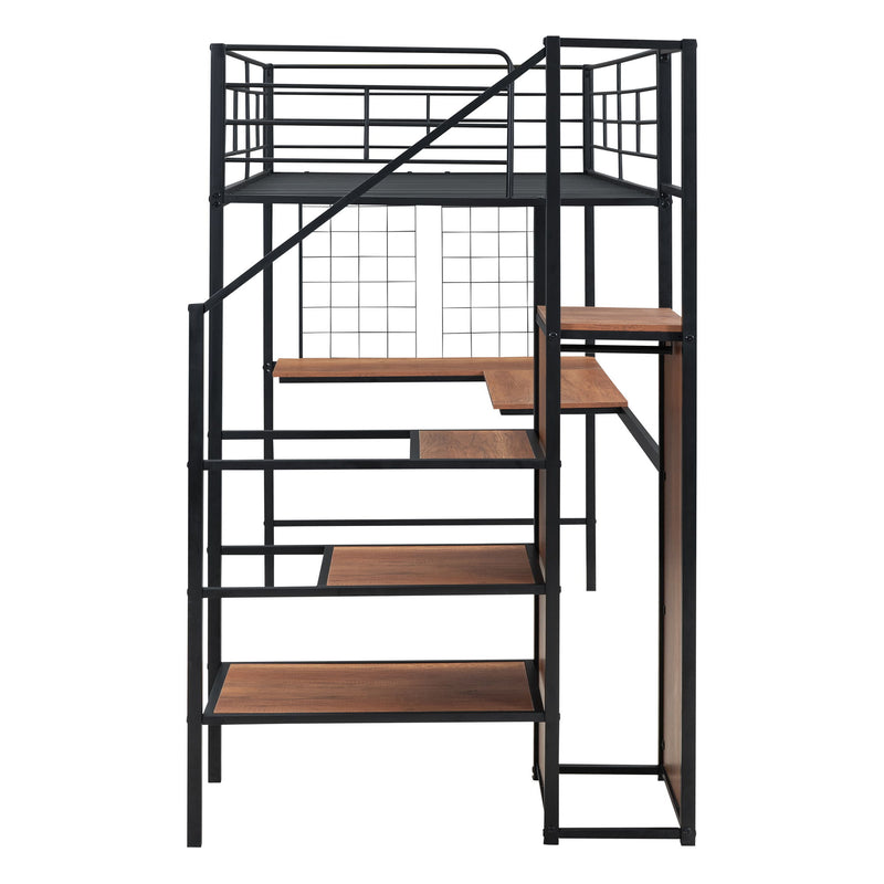 Twin Size Loft Bed With Desk And Grid, Storage Ladder And Wardrobe - Black