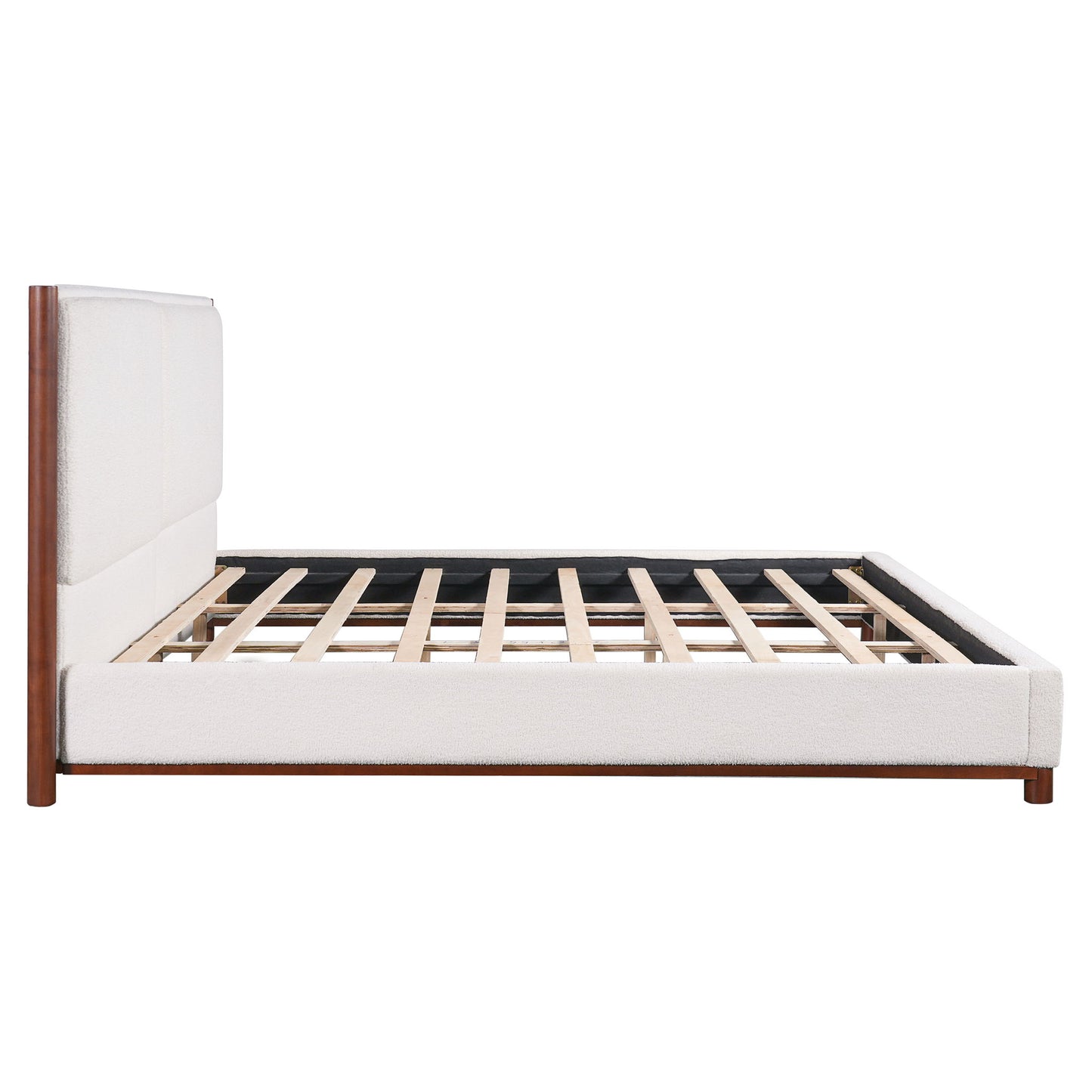 King Upholstered Bed Frame, No Box Spring Needed - Walnut / White