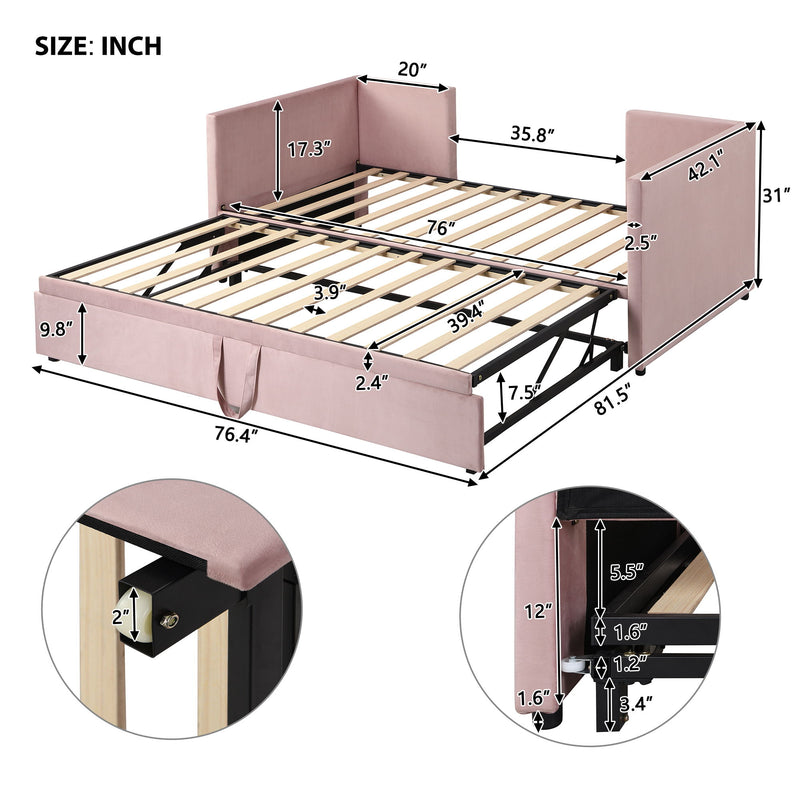 Twin Size Upholstered Daybed With Pop Up Trundle - Pink