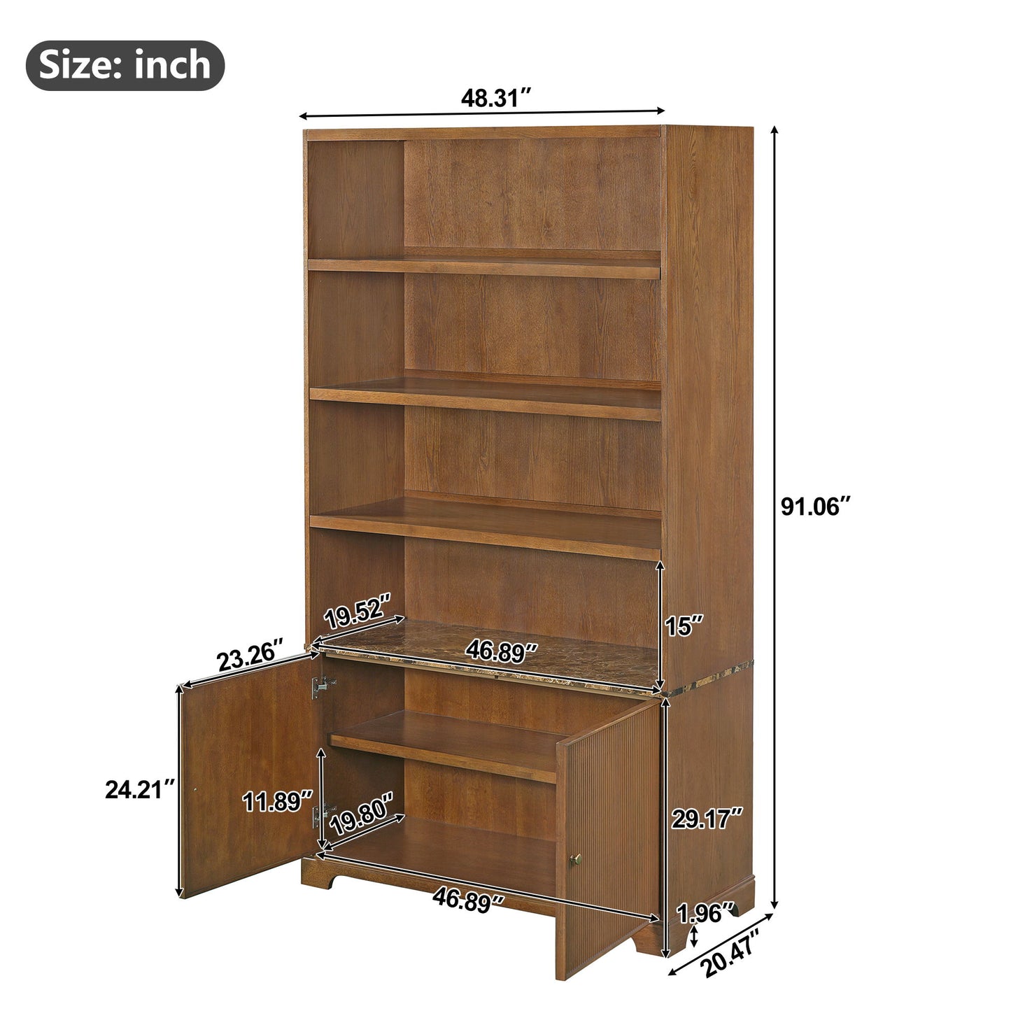 Tall Bookcase Storage Cabinet With 3 Open Shelves & Fluted Double Doors