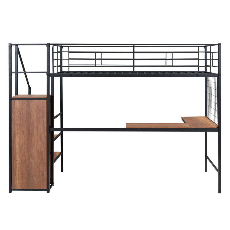 Twin Size Loft Bed With Desk And Grid, Storage Ladder And Wardrobe - Black