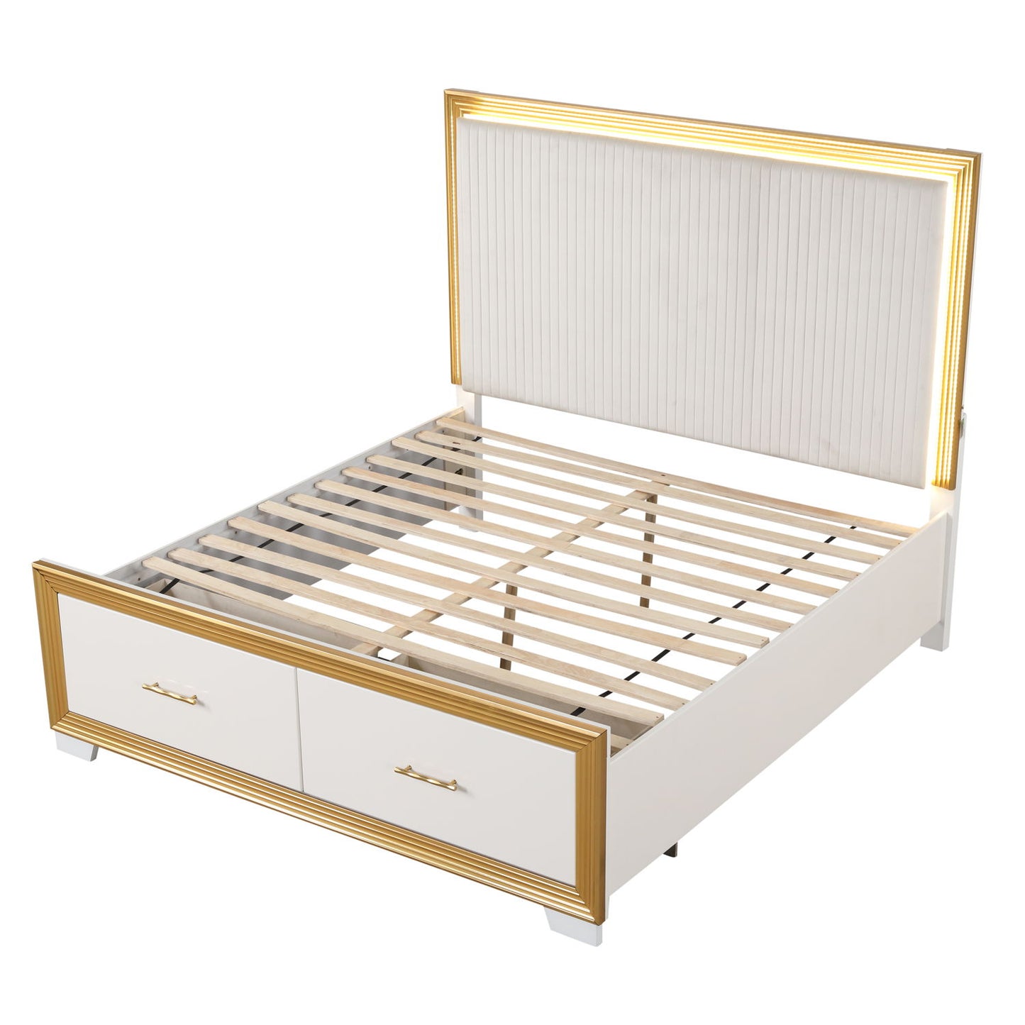 Obsession - Queen Size Bed With LED Headboard And Footboard Storage Drawer - White
