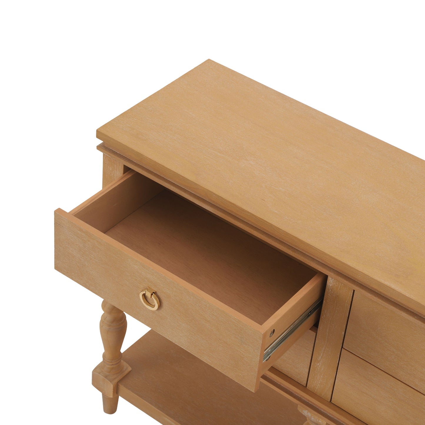 Console Table With 4 Soft Close Drawers, Thick Bottom Shelf For Living Room - Natural