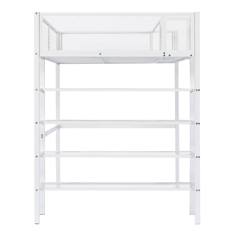 Twin Size Loft Bed With 4 Tier Shelves And Storage - White
