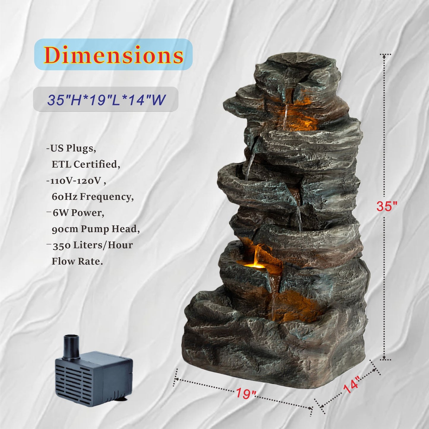 6 Tier Cascading Stone Water Fountain With LED Lights - Gray