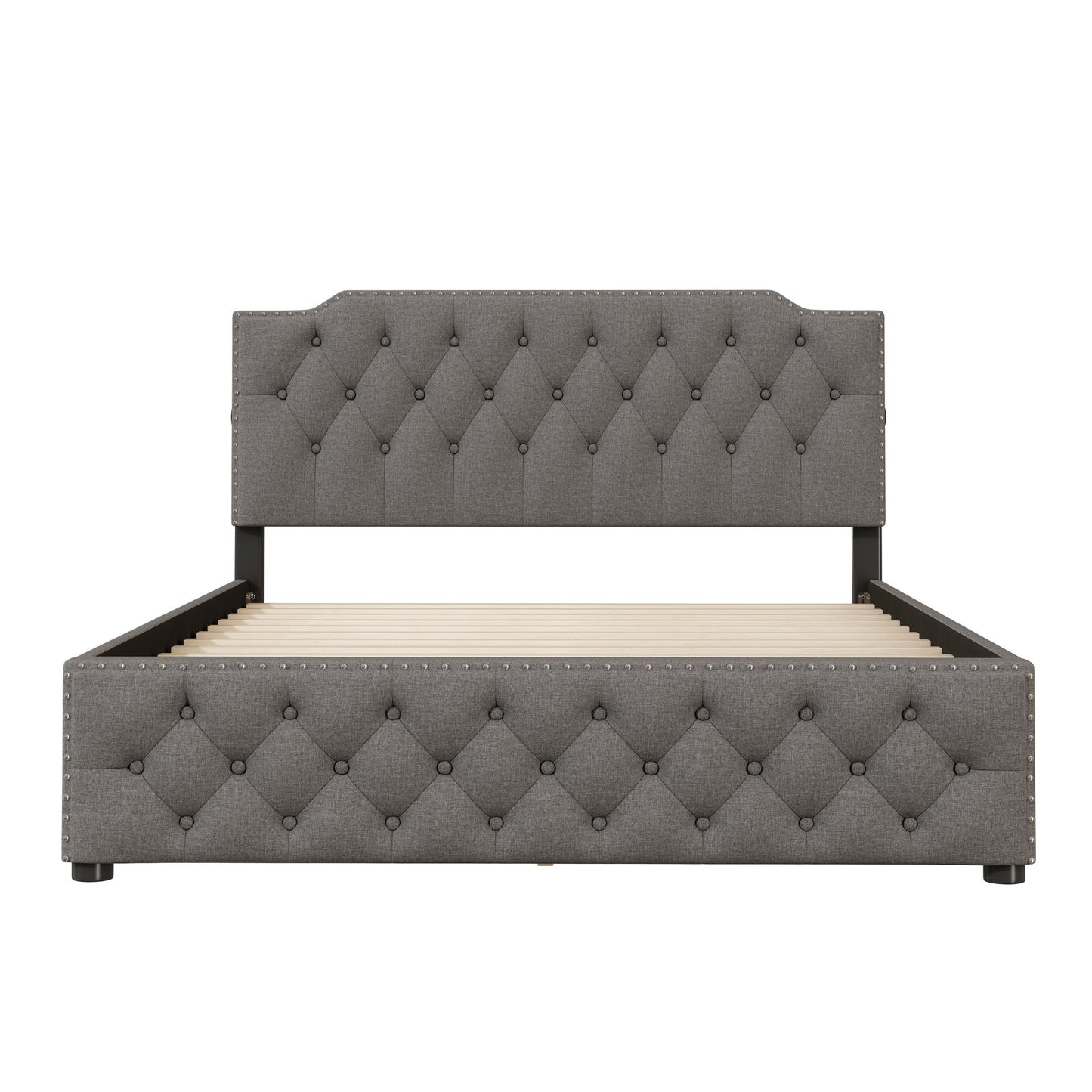 Upholstered Platform Bed With 2 Drawers And 2 Sets Of USB Ports On Each Side, Fabric