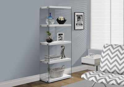 Bookshelf, Bookcase, Etagere, 5 Tier, Glossy Clear Tempered Glass - White