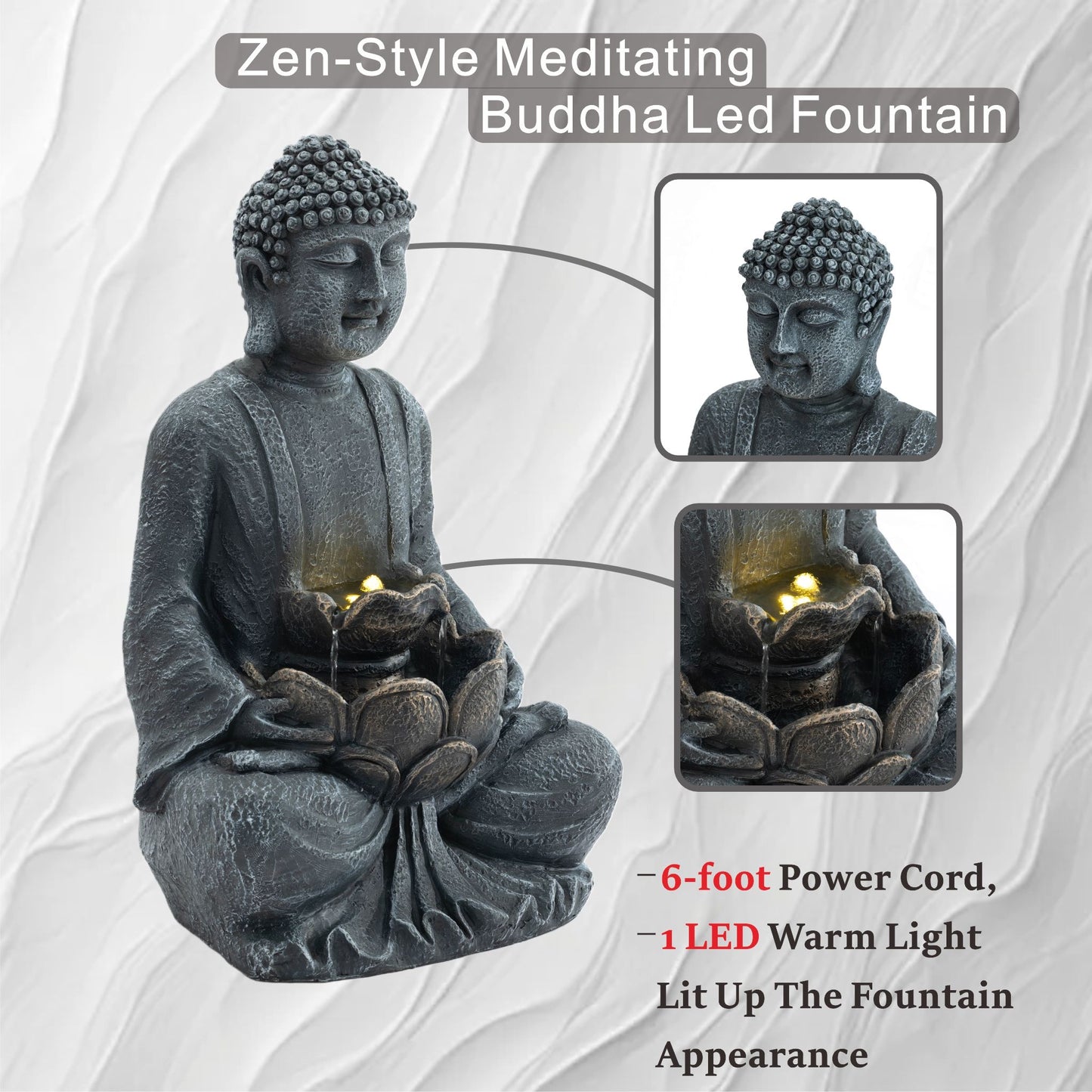 Zen - 2 Tier Meditating Buddha Water Fountain With Pump & LED Light - Gray